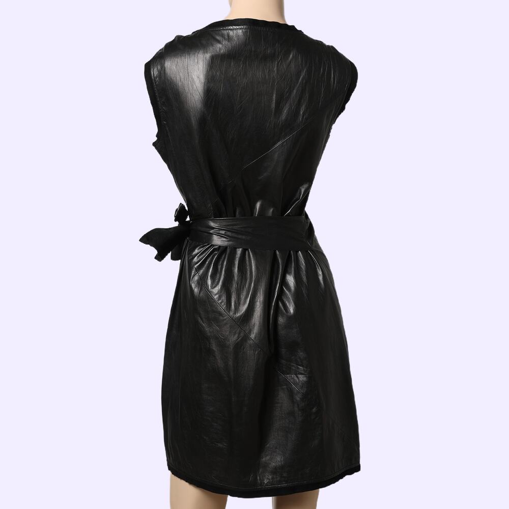 DIANE VON FURSTENBERG Black Leather Mini Sheath Della Dress w/ Side Tie Belt - Picture 4 of 9